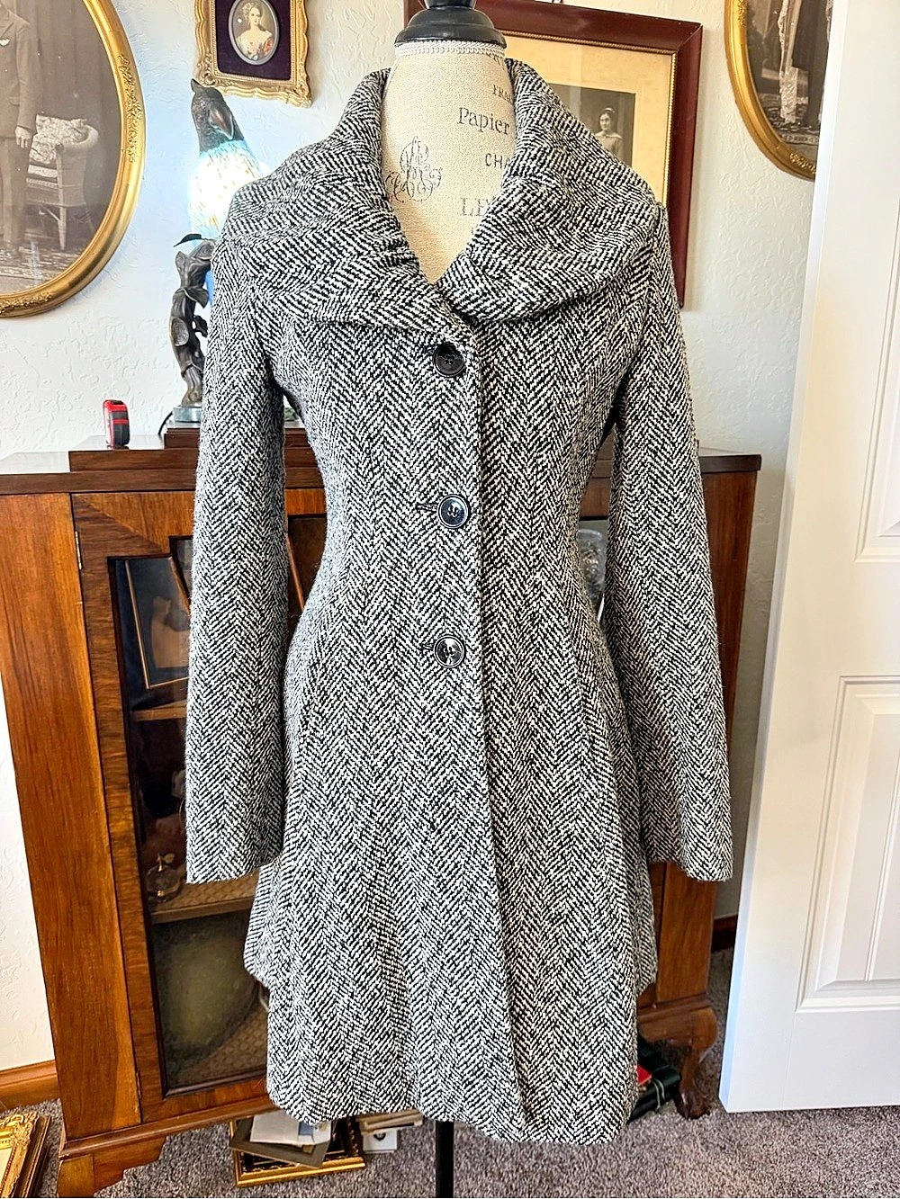 Express Herringbone Pea Coat in Black & White Size Small